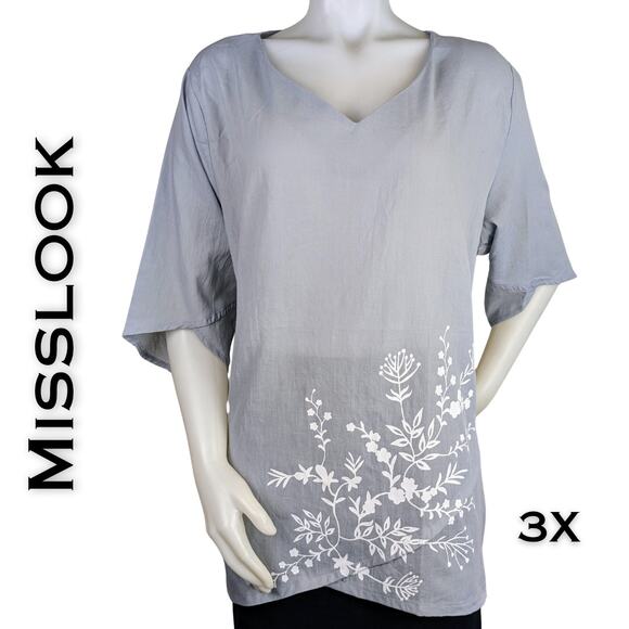 Misslook Short Sleeve Gray V-Neck Tunic Top Larg White Floral Lighweight Size 3X - Picture 1 of 10